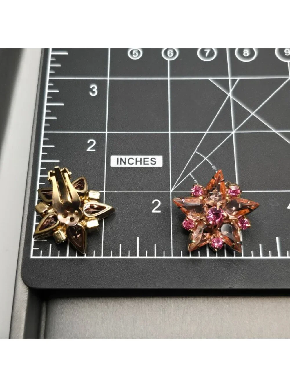 Vintage Pink Rhinestone Starburst Clip On Earrings Peach Mid Century Modern